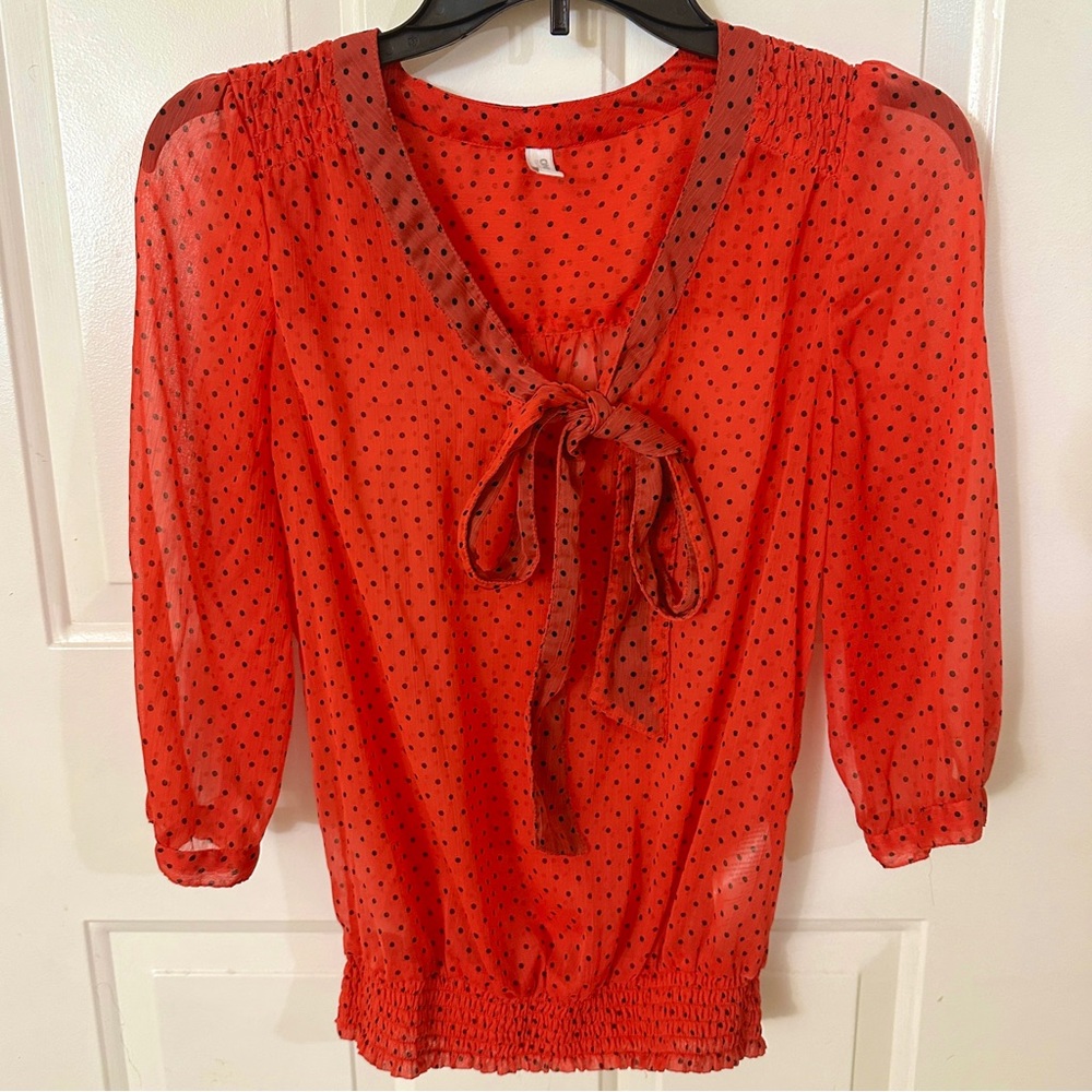 Vintage Red Polka Dot Lavaliere sheer Blouse Size 36